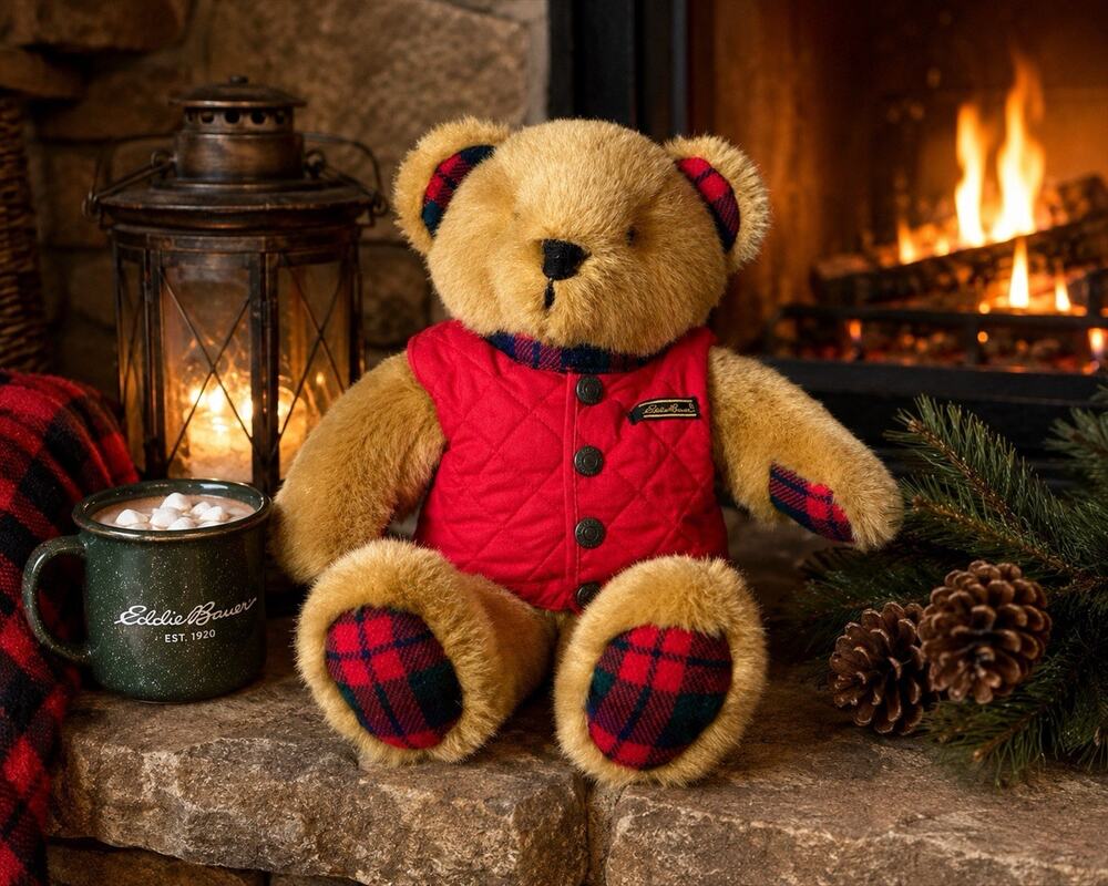 Eddie Bauer Plush Teddy Bear Red Quilted Vest Plaid Paws 16” Stuffed Animal